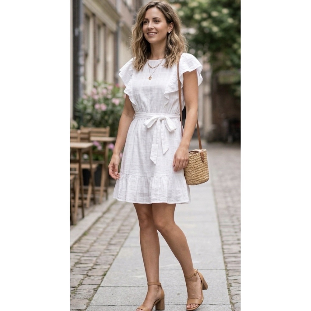 H&M Linen Blend White‎ Dress NEW Sz S Prairie Ruffle Tiered Mini Belted Peasant